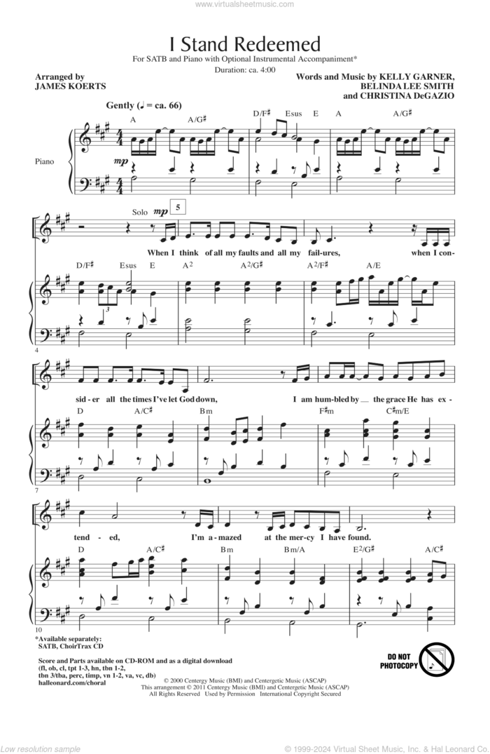 I Stand Redeemed (arr. James Koerts) sheet music for choir (SATB: soprano, alto, tenor, bass) by Kelly Garner, Belinda Lee Smith & Christina DeGazio, James Koerts, Legacy Five, Belinda Lee Smith, Christina DeGazio and Kelly Garner, intermediate skill level