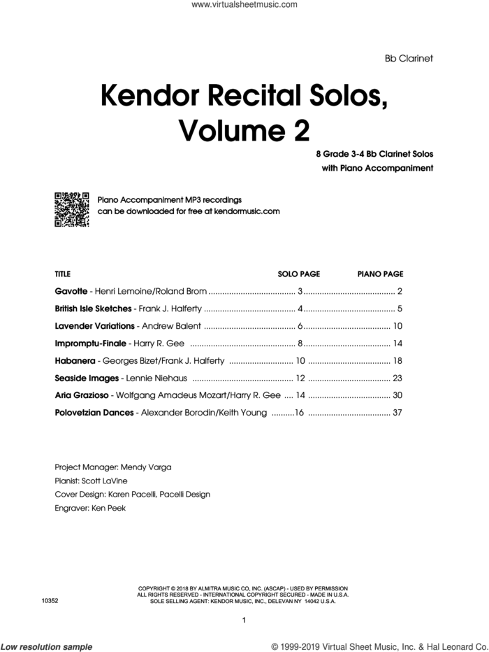 Kendor Recital Solos, Volume 2 - Bb Clarinet With Piano Accompaniment and MP3s (complete set of parts) sheet music for clarinet and piano, intermediate skill level