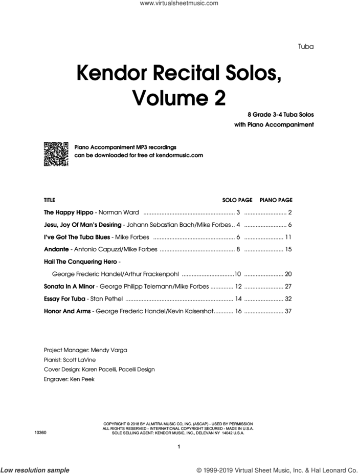 Kendor Recital Solos, Volume 2 - Tuba With Piano Accompaniment and MP3's (complete set of parts) sheet music for tuba and piano, intermediate skill level