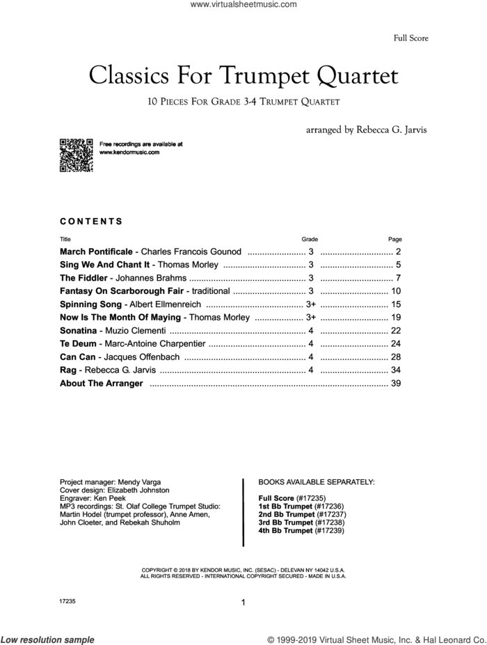 Classics For Trumpet Quartet - Full Score sheet music for trumpet quartet (full score) by Rebecca G. Jarvis, intermediate skill level