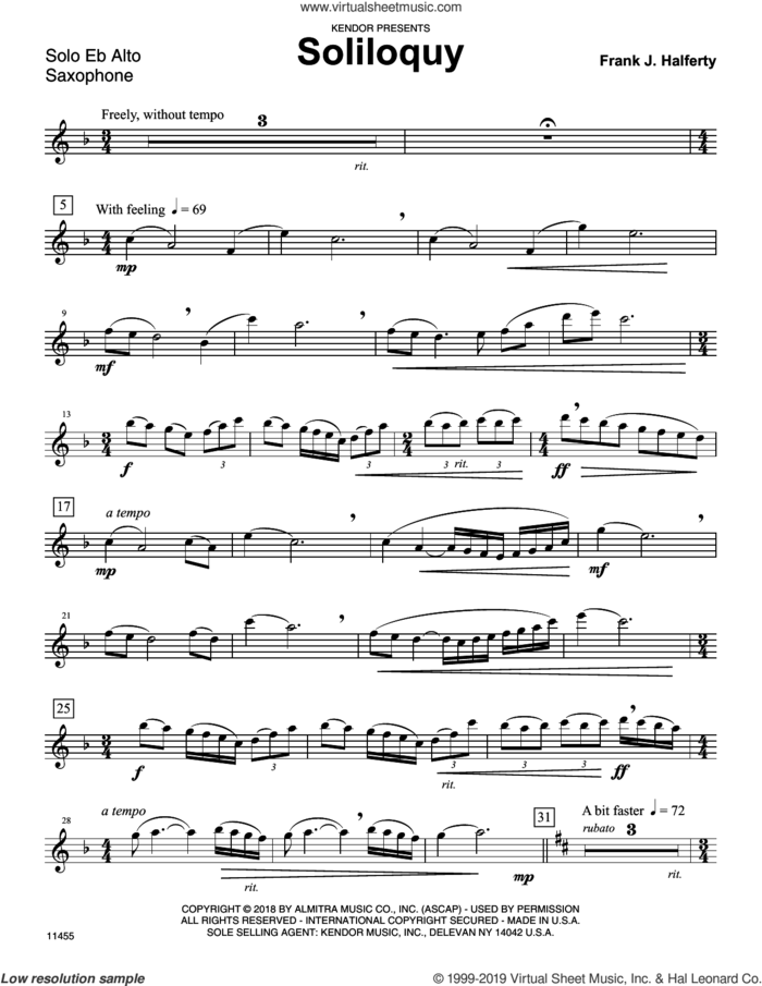 Soliloquy (complete set of parts) sheet music for alto saxophone and piano by Frank J. Halferty, intermediate skill level