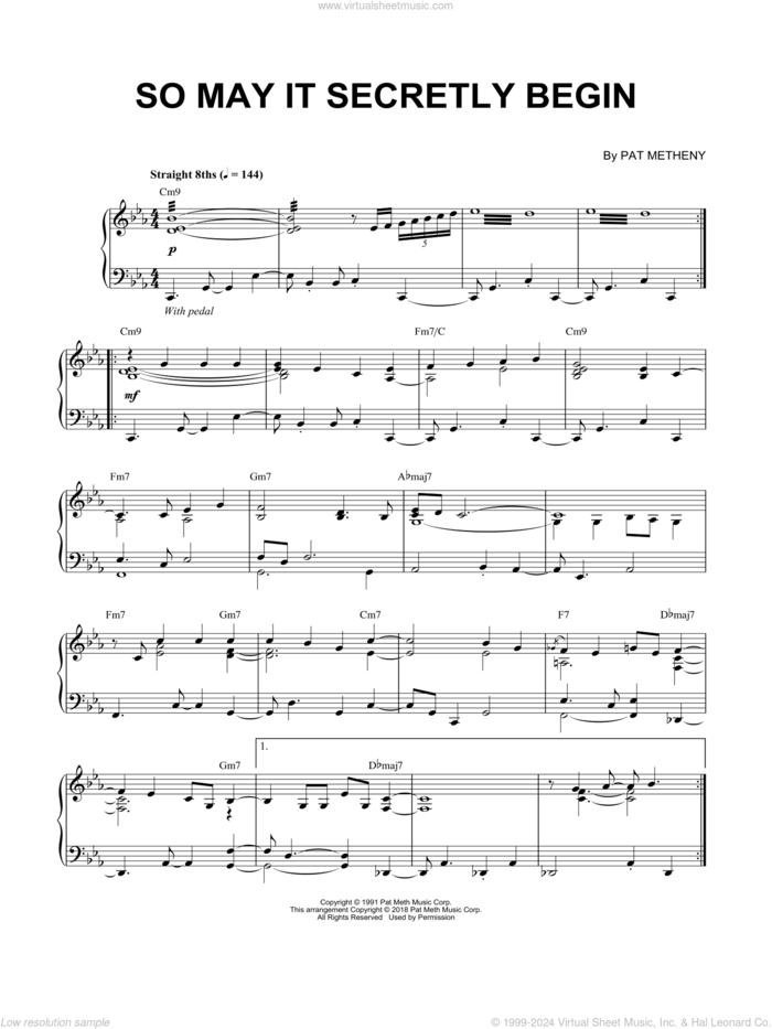 So May It Secretly Begin sheet music for piano solo by Pat Metheny, intermediate skill level