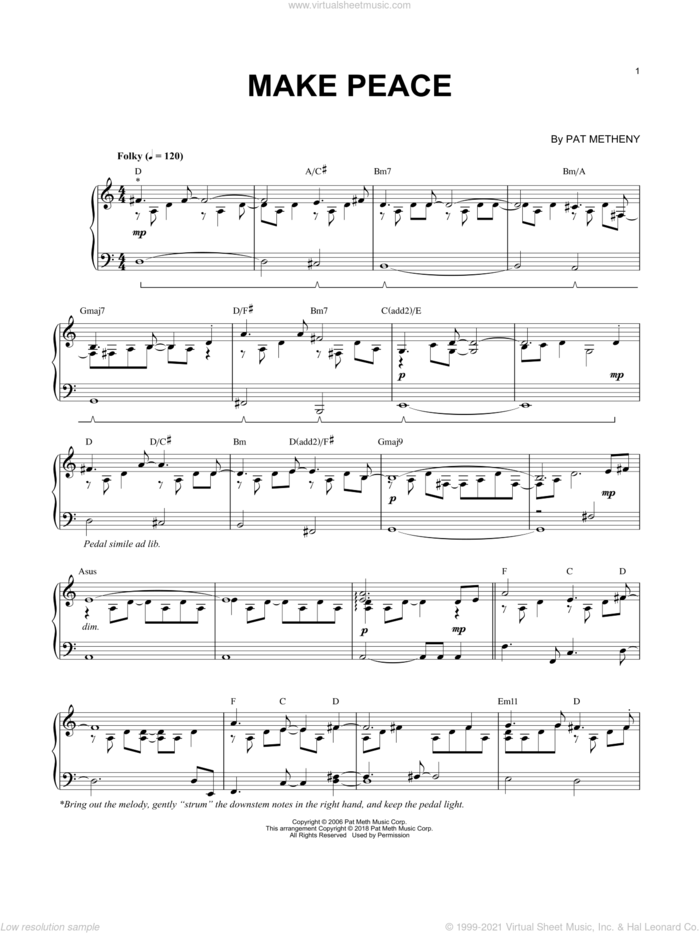 Make Peace sheet music for piano solo by Pat Metheny & Brad Mehldau and Pat Metheny, intermediate skill level