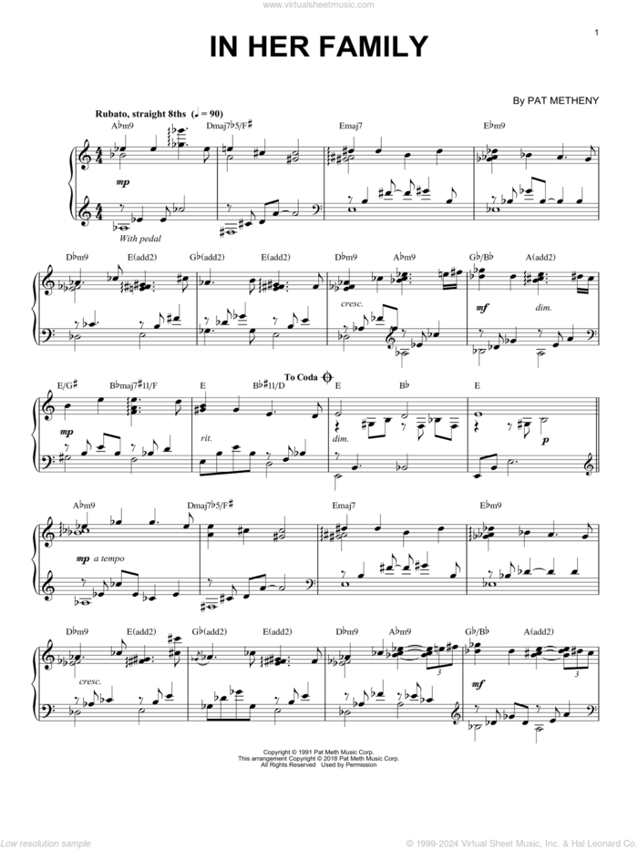 In Her Family sheet music for piano solo by Pat Metheny, intermediate skill level