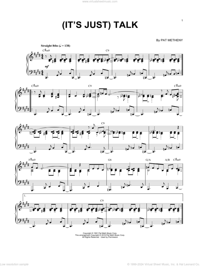 (It's Just) Talk sheet music for piano solo by Pat Metheny, intermediate skill level