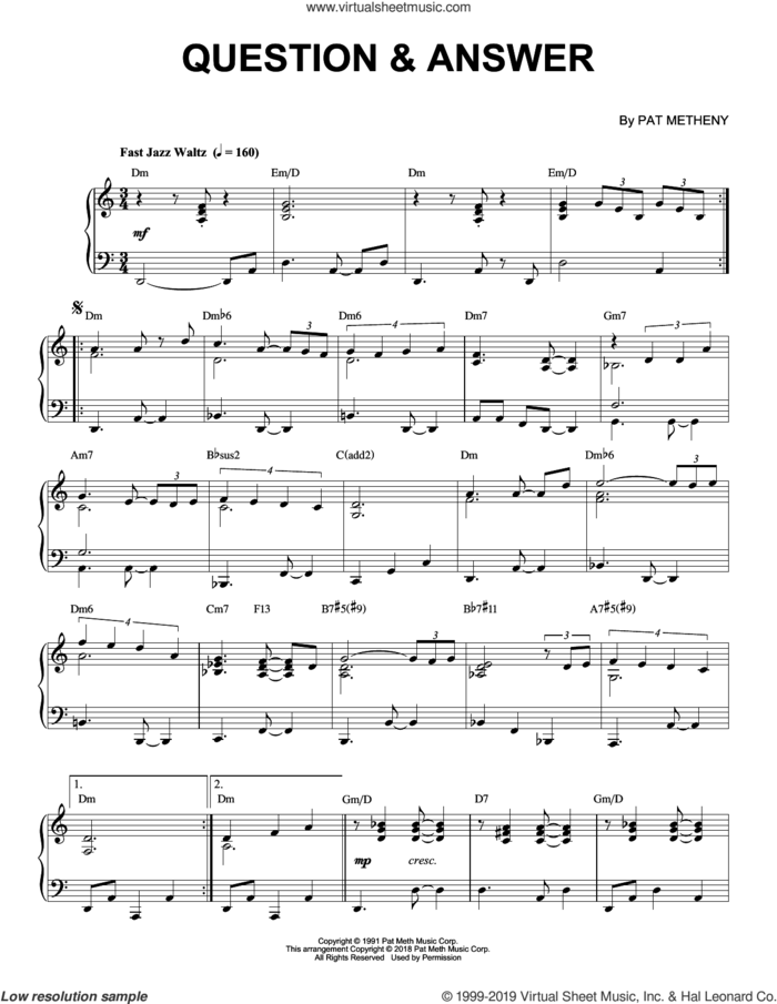 Question and Answer sheet music for piano solo by Pat Metheny, intermediate skill level