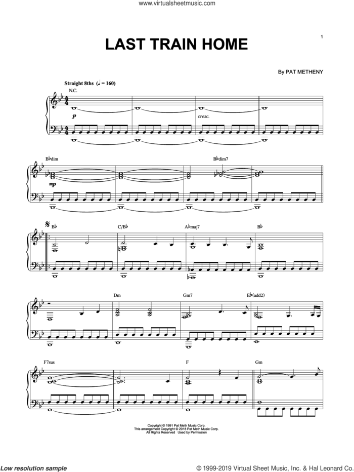 Last Train Home sheet music for piano solo by Pat Metheny, intermediate skill level