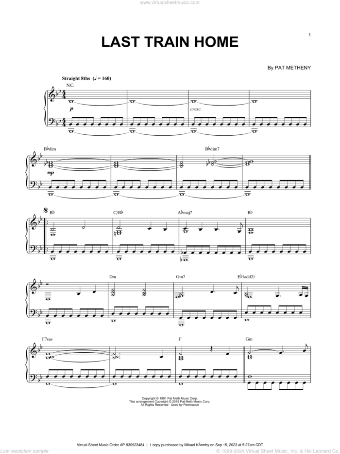 Last Train Home sheet music for piano solo by Pat Metheny, intermediate skill level