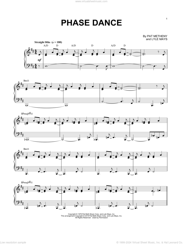 Phase Dance sheet music for piano solo by Pat Metheny and Lyle Mays, intermediate skill level