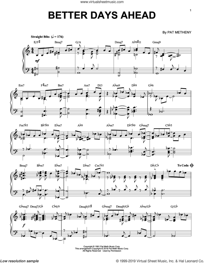 Better Days Ahead sheet music for piano solo by Pat Metheny, intermediate skill level