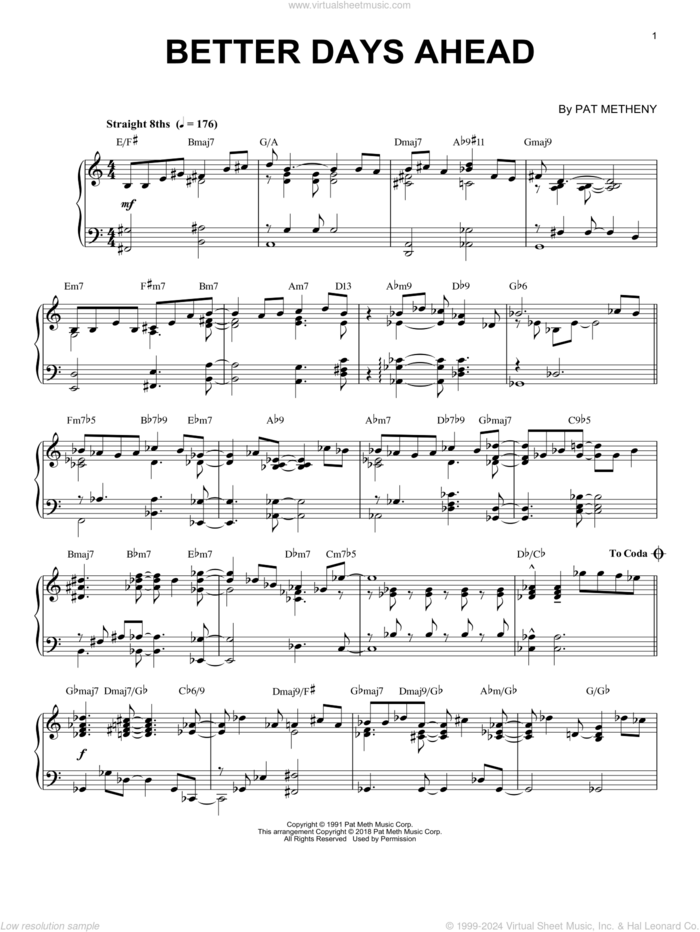 Better Days Ahead sheet music for piano solo by Pat Metheny, intermediate skill level