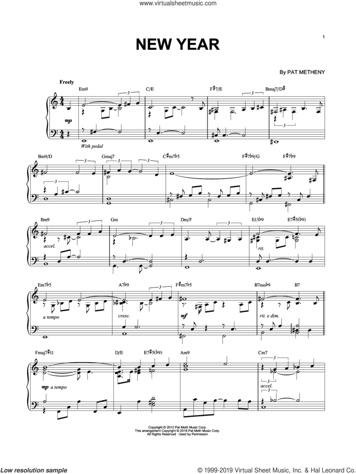 New Year sheet music for piano solo by Pat Metheny, intermediate skill level