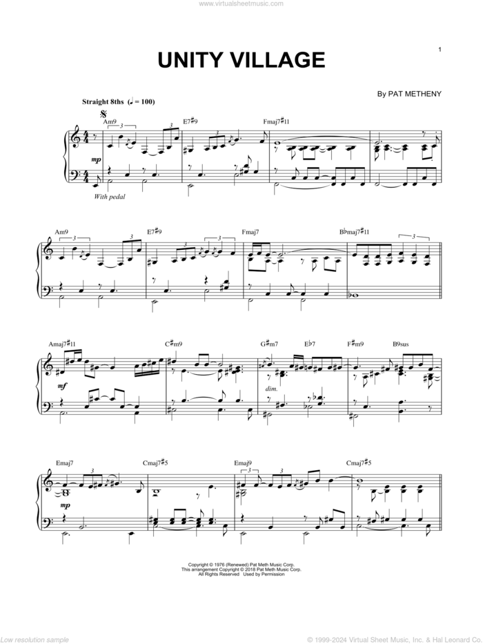 Unity Village sheet music for piano solo by Pat Metheny, intermediate skill level