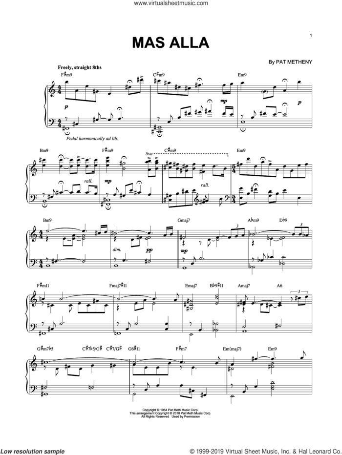 Mas Alla sheet music for piano solo by Pat Metheny and Pedro Aznar, intermediate skill level