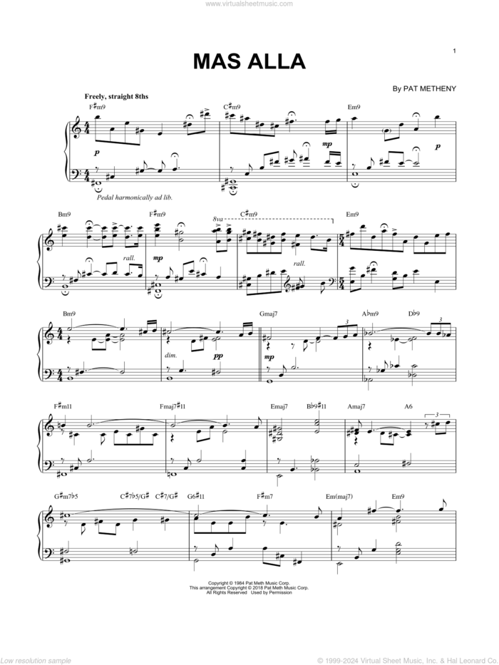 Mas Alla sheet music for piano solo by Pat Metheny and Pedro Aznar, intermediate skill level