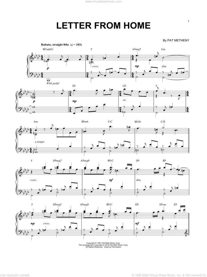 Letter From Home sheet music for piano solo by Pat Metheny, intermediate skill level