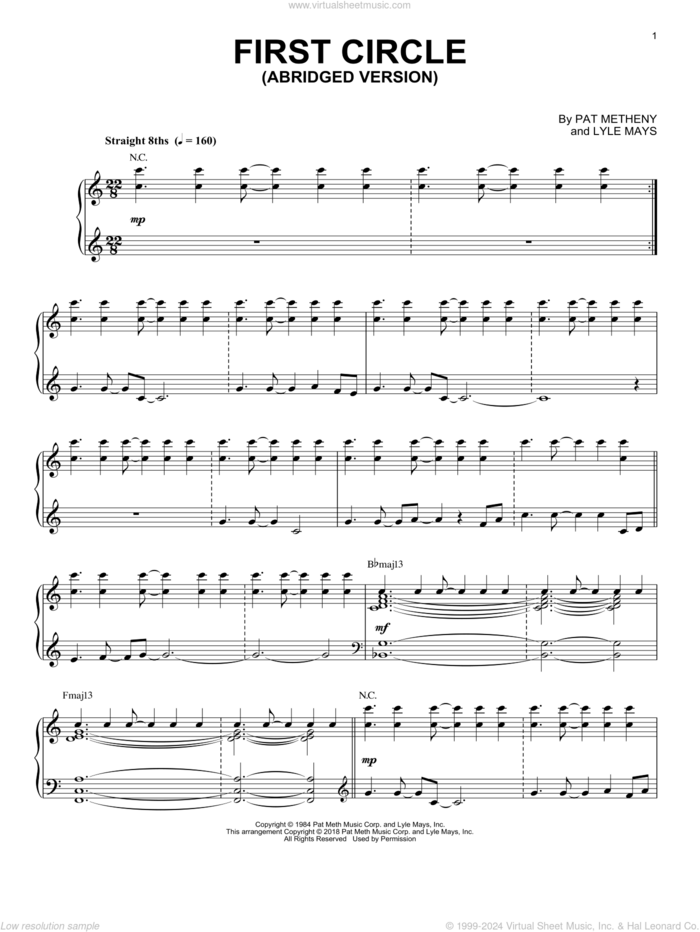 First Circle sheet music for piano solo by Pat Metheny and Lyle Mays, intermediate skill level