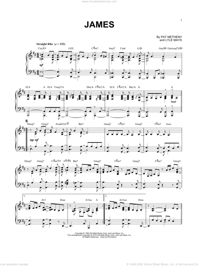 James sheet music for piano solo by Pat Metheny and Lyle Mays, intermediate skill level