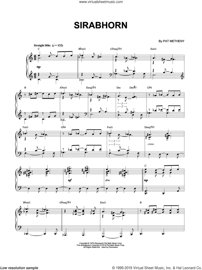 Sirabhorn sheet music for piano solo by Pat Metheny, intermediate skill level