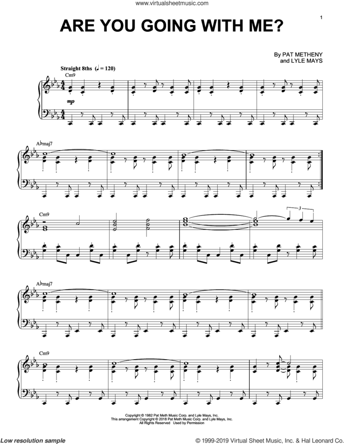 Are You Going With Me? sheet music for piano solo by Pat Metheny and Lyle Mays, intermediate skill level