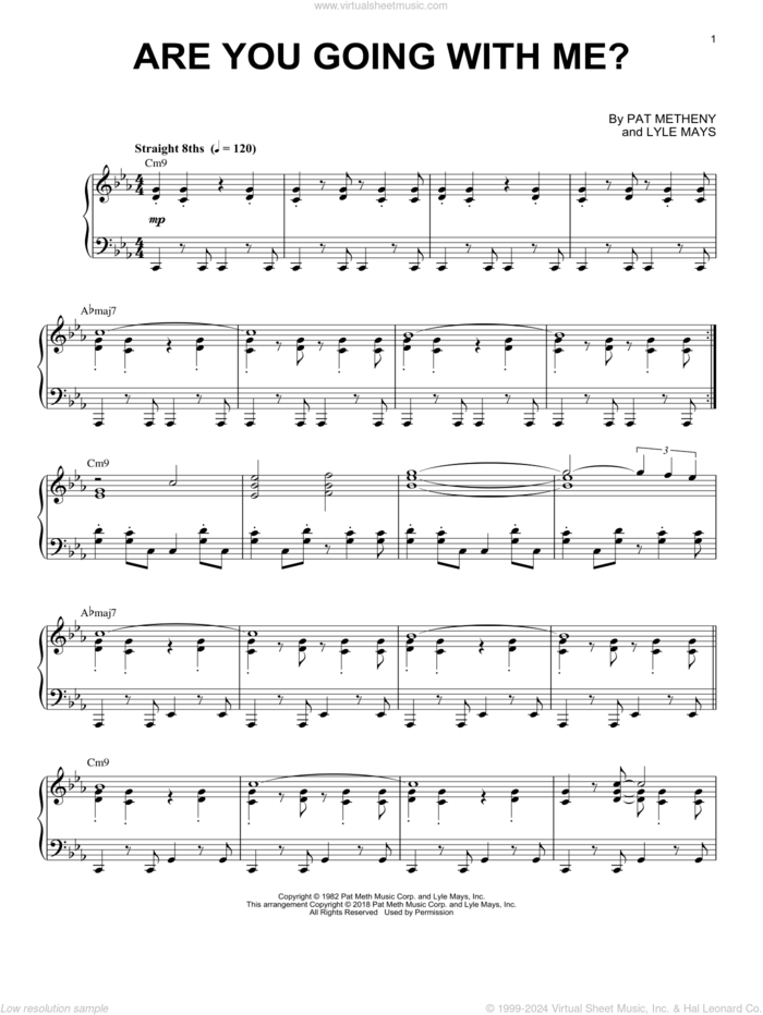 Are You Going With Me? sheet music for piano solo by Pat Metheny and Lyle Mays, intermediate skill level