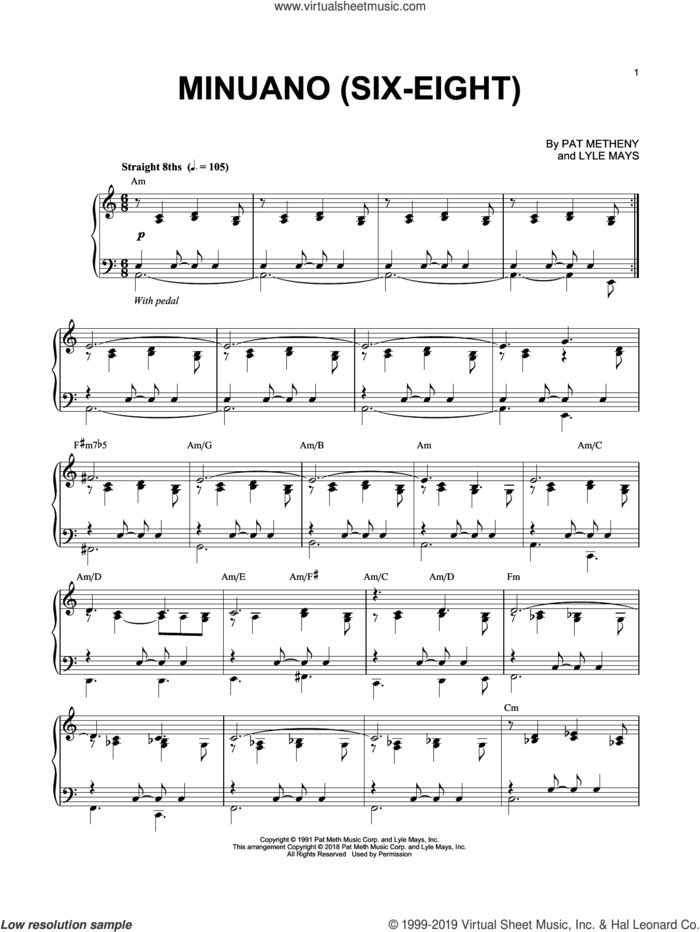 Minuano (Six-Eight) sheet music for piano solo by Pat Metheny and Lyle Mays, intermediate skill level