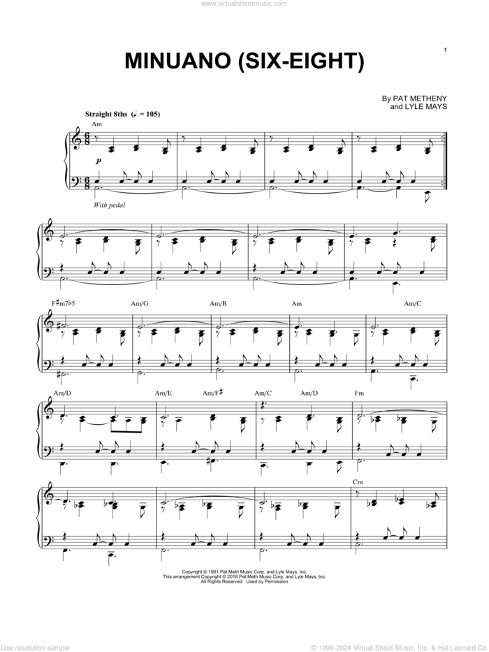 Minuano (Six-Eight) sheet music for piano solo by Pat Metheny and Lyle Mays, intermediate skill level