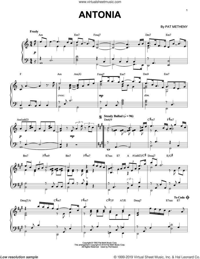 Antonia sheet music for piano solo by Pat Metheny, intermediate skill level