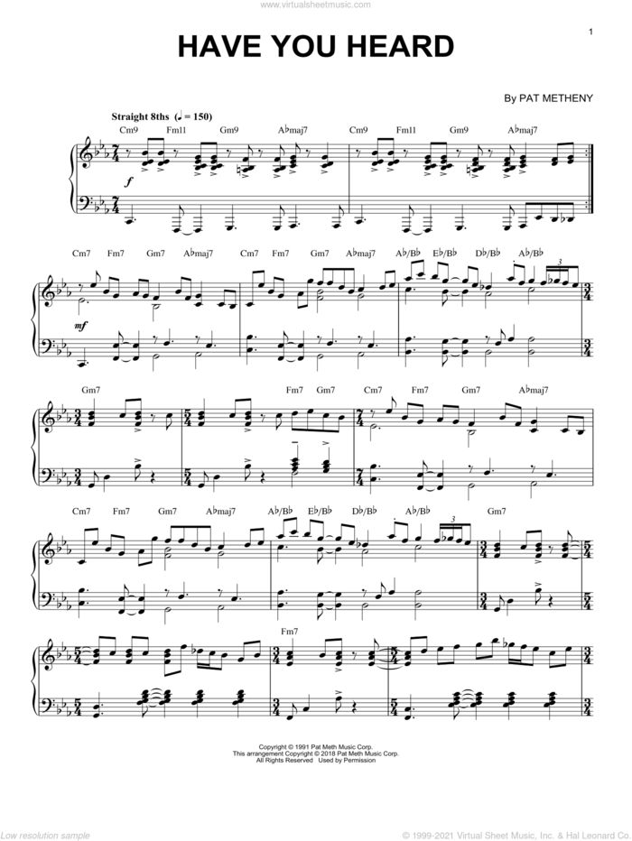 Have You Heard sheet music for piano solo by Pat Metheny, intermediate skill level