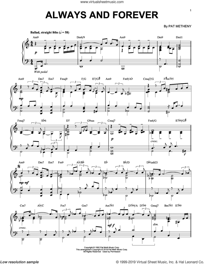 Always And Forever sheet music for piano solo by Pat Metheny, intermediate skill level
