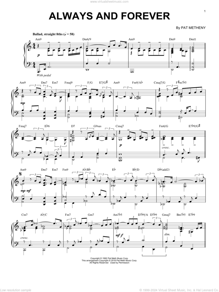 Always And Forever sheet music for piano solo by Pat Metheny, intermediate skill level