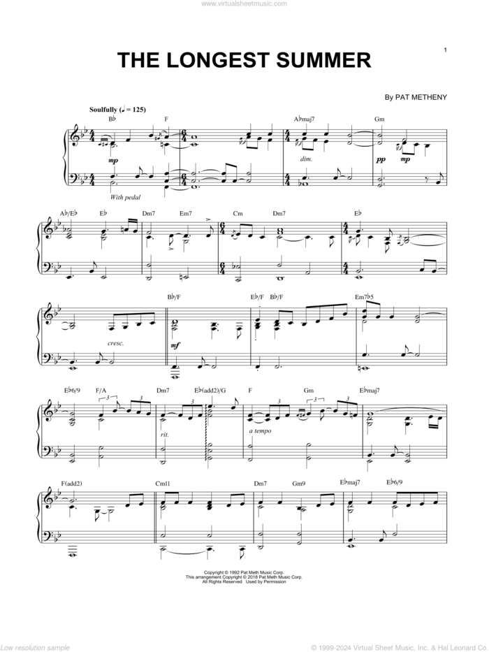 The Longest Summer sheet music for piano solo by Pat Metheny, intermediate skill level