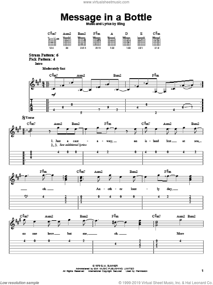 Message In A Bottle sheet music for guitar solo (easy tablature) by The Police and Sting, easy guitar (easy tablature)