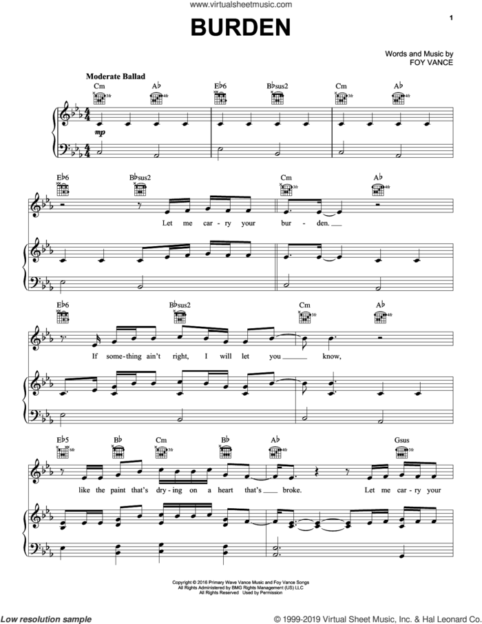 Burden sheet music for voice, piano or guitar by Keith Urban and Foy Vance, intermediate skill level