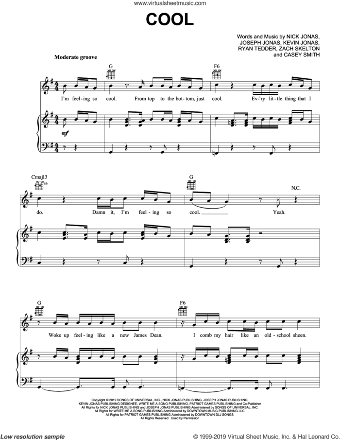 Cool sheet music for voice, piano or guitar by Jonas Brothers, Casey Smith, Joseph Jonas, Kevin Jonas, Nick Jonas, Ryan Tedder and Zach Skelton, intermediate skill level