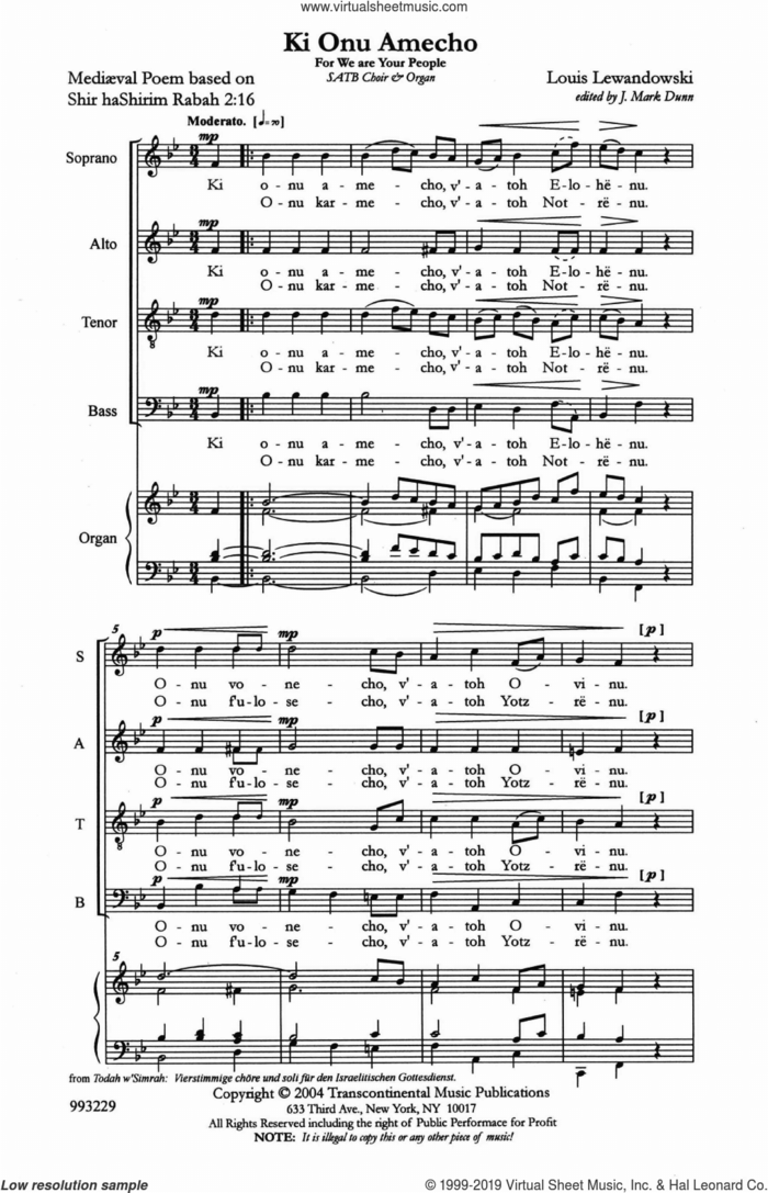 Two Settings of Ki Onu Omecho sheet music for choir (SATB: soprano, alto, tenor, bass) by Louis Lewandowski and J. Mark Dunn, intermediate skill level