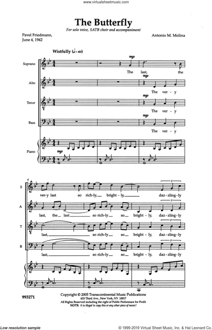 The Butterfly sheet music for choir (SATB: soprano, alto, tenor, bass) by Anton Molina, intermediate skill level