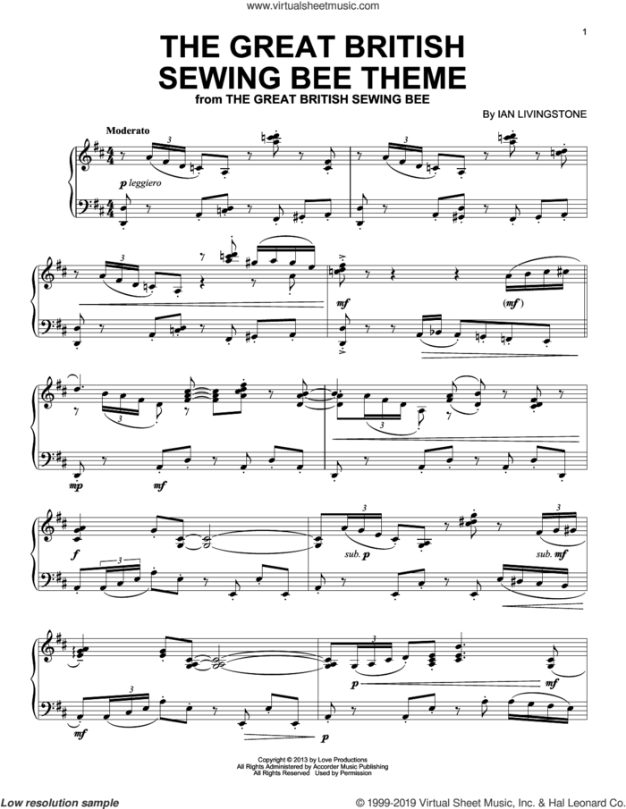 The Great British Sewing Bee Theme sheet music for piano solo by Ian Livingstone, intermediate skill level