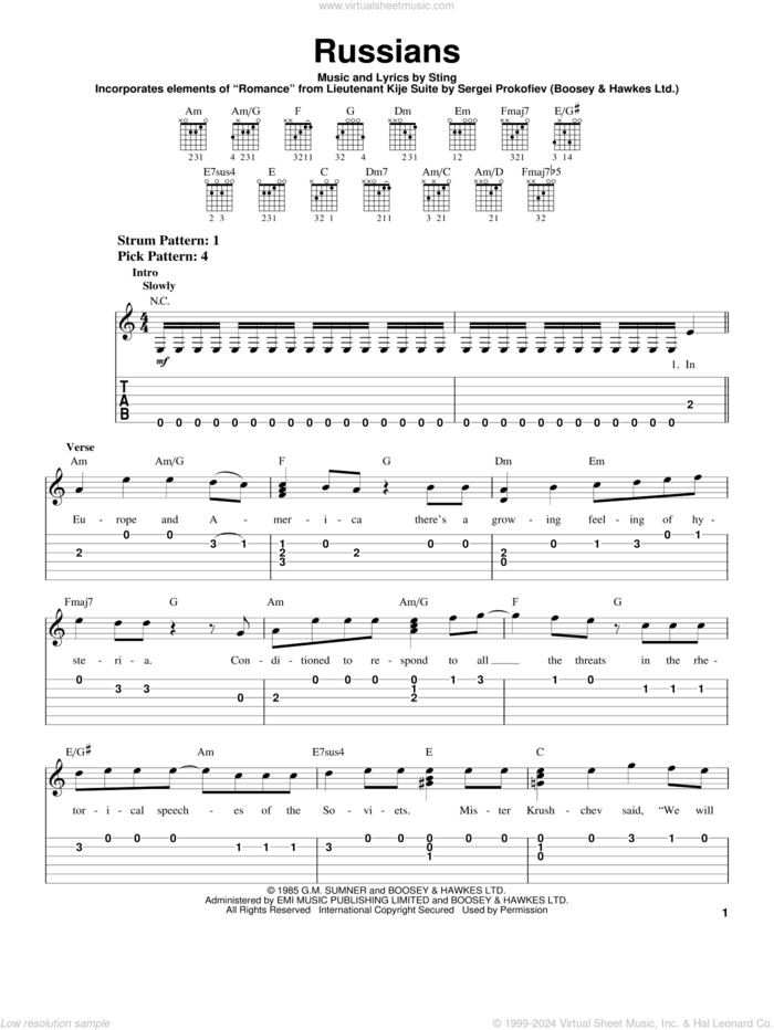 Russians sheet music for guitar solo (easy tablature) by Sting and Sergei Prokofiev, easy guitar (easy tablature)