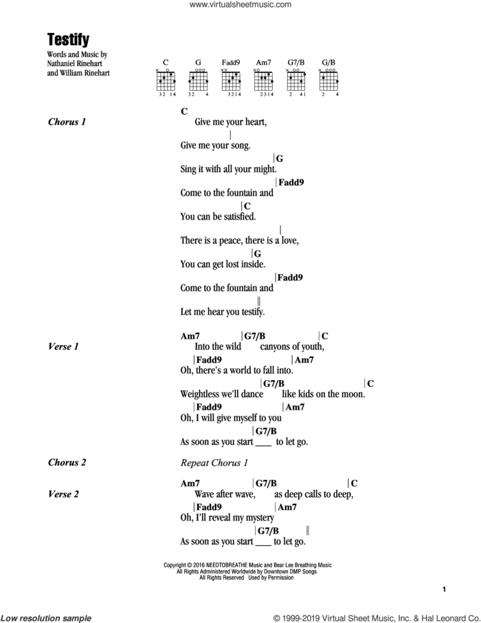 Testify sheet music for guitar (chords) by NEEDTOBREATHE, Nathaniel Rinehart and William Rinehart, intermediate skill level