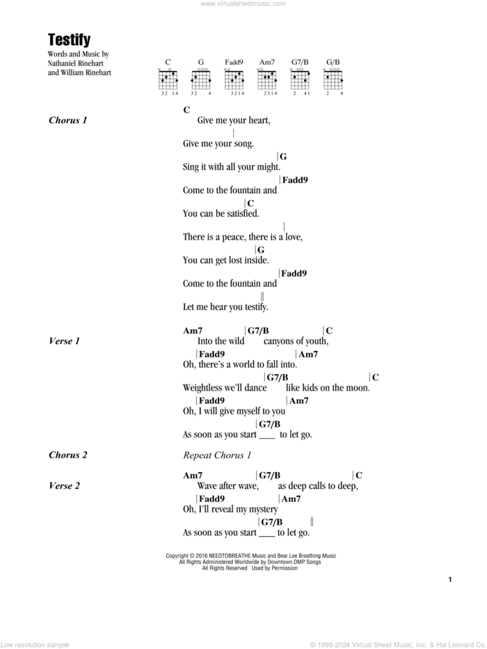 Testify sheet music for guitar (chords) by NEEDTOBREATHE, Nathaniel Rinehart and William Rinehart, intermediate skill level