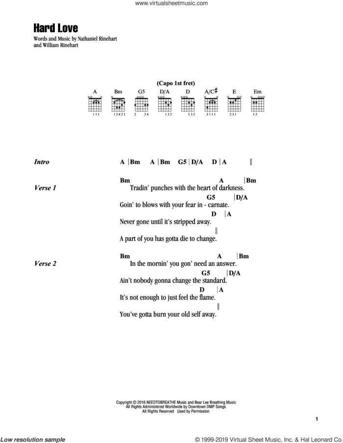 Hard Love sheet music for guitar (chords) by NEEDTOBREATHE, Nathaniel Rinehart and William Rinehart, intermediate skill level
