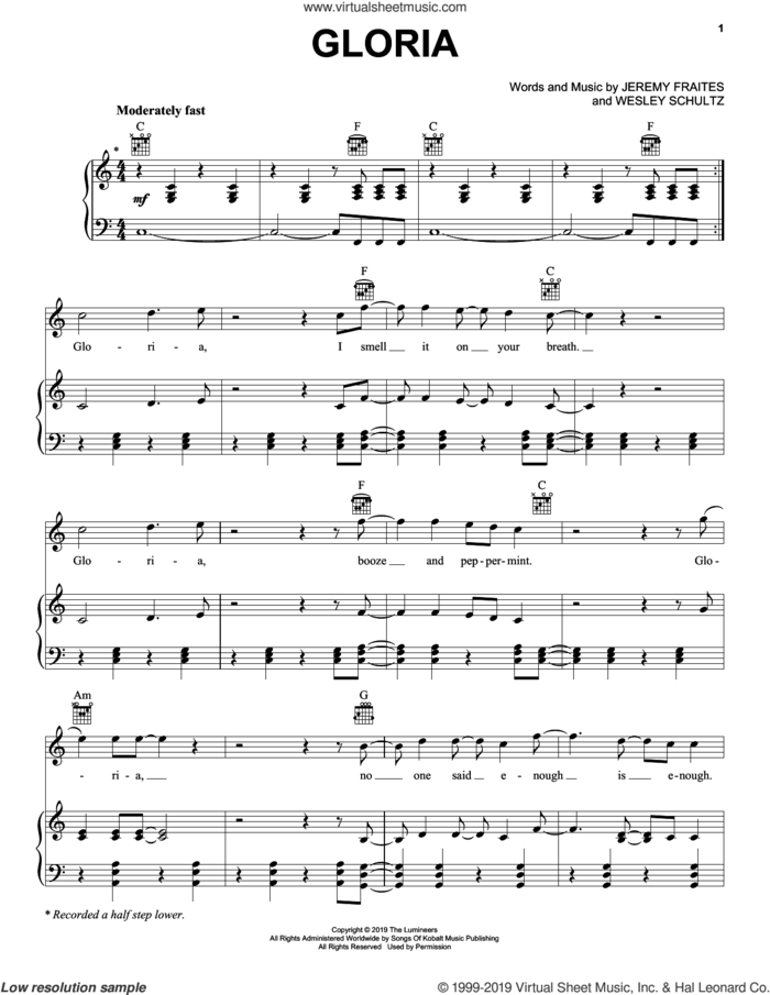 Gloria sheet music for voice, piano or guitar by The Lumineers, Jeremy Fraites and Wesley Schultz, intermediate skill level