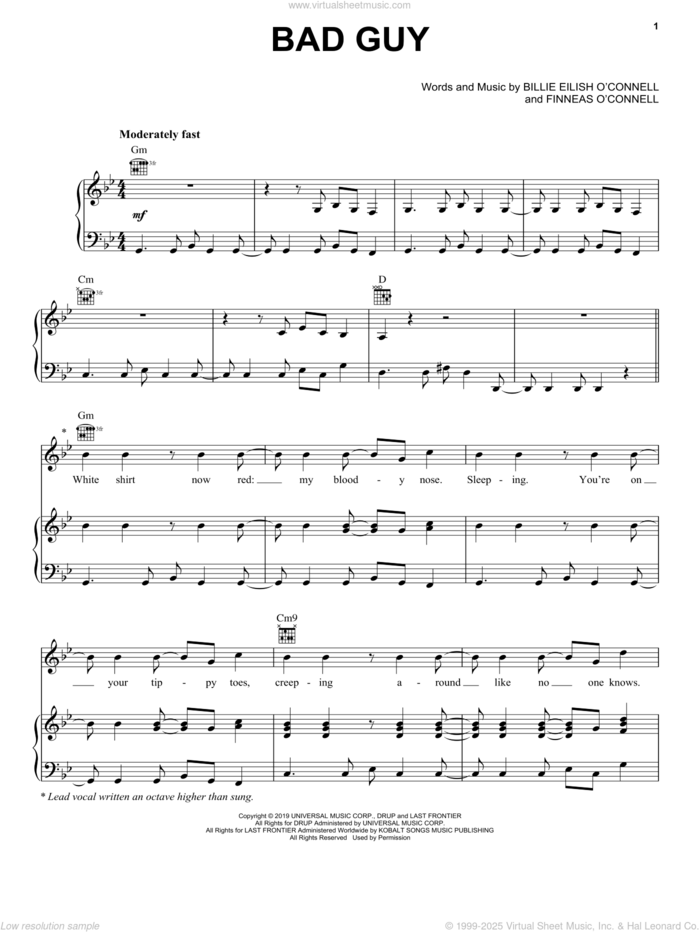 bad guy sheet music for voice, piano or guitar by Billie Eilish, intermediate skill level