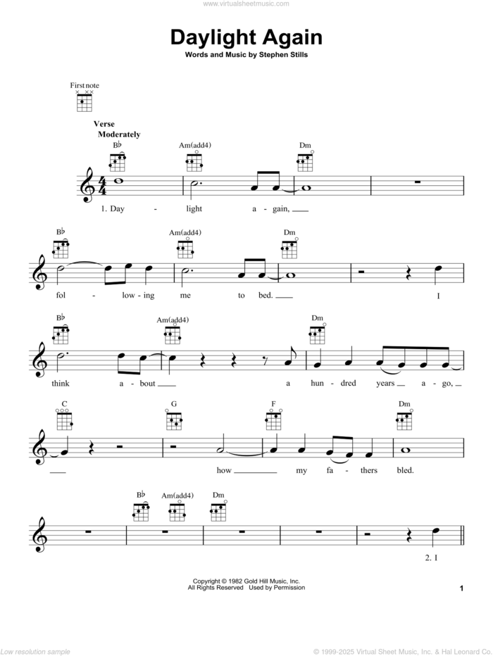 Daylight Again sheet music for ukulele by Crosby, Stills, Nash & Young and Stephen Stills, intermediate skill level