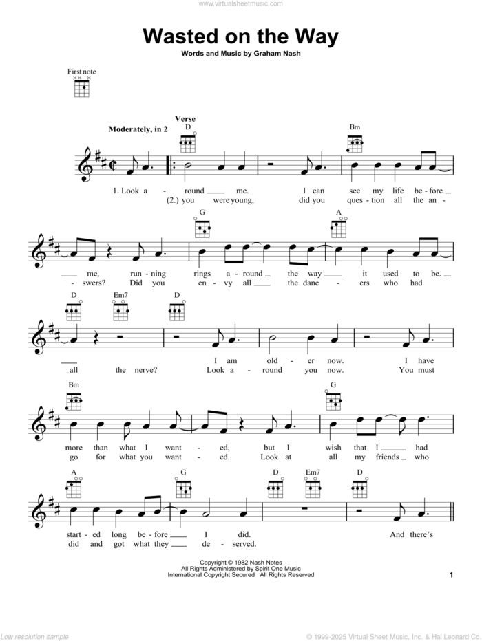 Wasted On The Way sheet music for ukulele by Crosby, Stills & Nash and Graham Nash, intermediate skill level