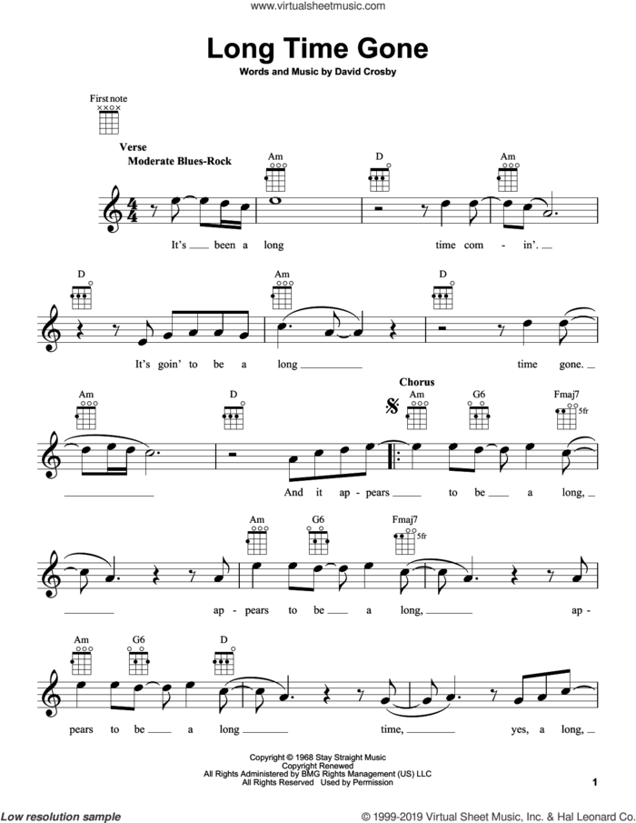 Long Time Gone sheet music for ukulele by Crosby, Stills & Nash, Crosby, Stills, Nash & Young and David Crosby, intermediate skill level