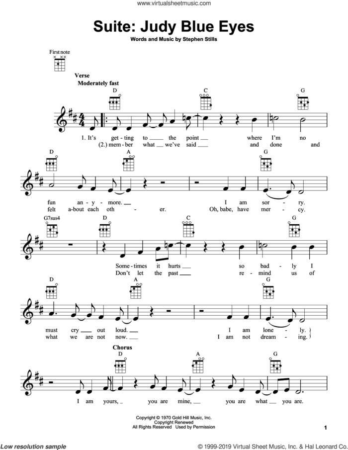 Suite: Judy Blue Eyes sheet music for ukulele by Crosby, Stills & Nash, Crosby, Stills, Nash & Young and Stephen Stills, intermediate skill level