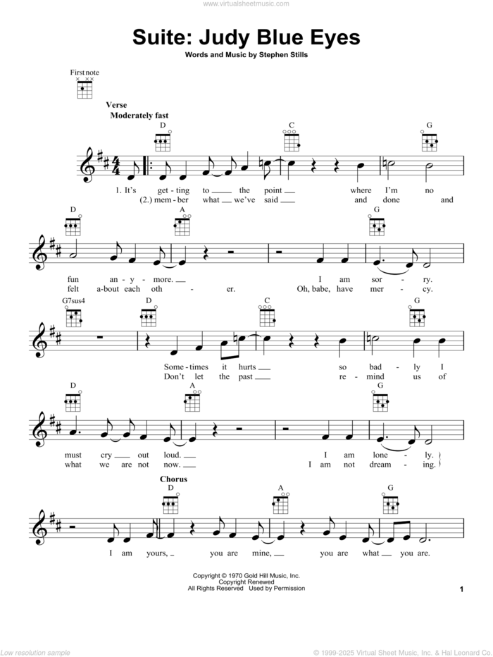 Suite: Judy Blue Eyes sheet music for ukulele by Crosby, Stills & Nash, Crosby, Stills, Nash & Young and Stephen Stills, intermediate skill level