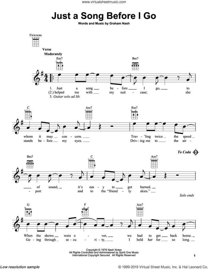 Just A Song Before I Go sheet music for ukulele by Crosby, Stills & Nash, Crosby, Stills, Nash & Young and Graham Nash, intermediate skill level
